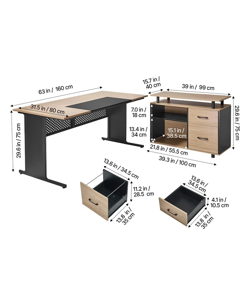 Sugift L-Shaped Executive Desk with Drawers and Storage Cabinet 350 Lbs Load Capacity Easy Assembly