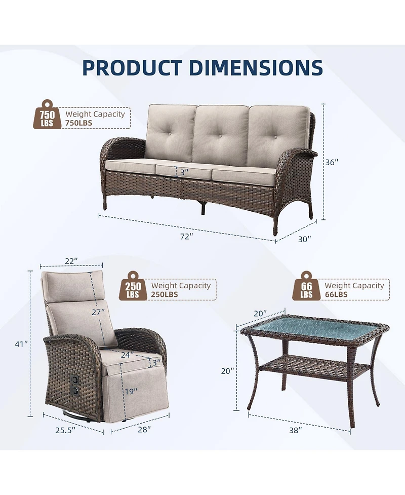 Pocassy 4 Piece Wicker Patio Furniture Set, Outdoor Swivel Recliner Chair with 3-Seat Sofa, Coffe Table, All-Weather Conversation Set