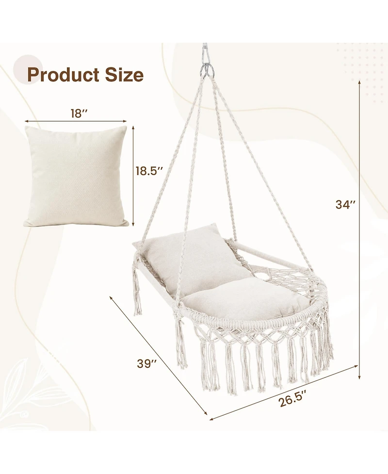 Costway Macrame Swing Chair with 2 Removable Cushions, Enduring Polyester Cotton Ropes
