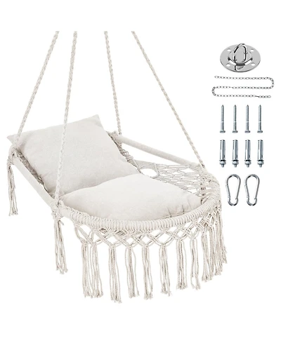 Costway Macrame Swing Chair with 2 Removable Cushions, Enduring Polyester Cotton Ropes