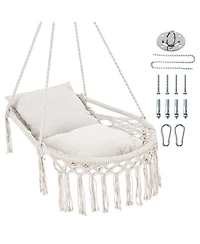 Costway Macrame Swing Chair with 2 Removable Cushions, Enduring Polyester Cotton Ropes