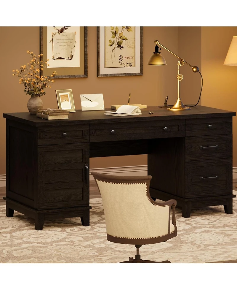 gaomon Farmhouse 60-inch Executive Desk with Charging Station and File Drawers, Rustic Office Desk with Cabinet and 5 Drawers for Home Office