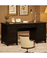 gaomon Farmhouse 60-inch Executive Desk with Charging Station and File Drawers, Rustic Office Desk with Cabinet and 5 Drawers for Home Office