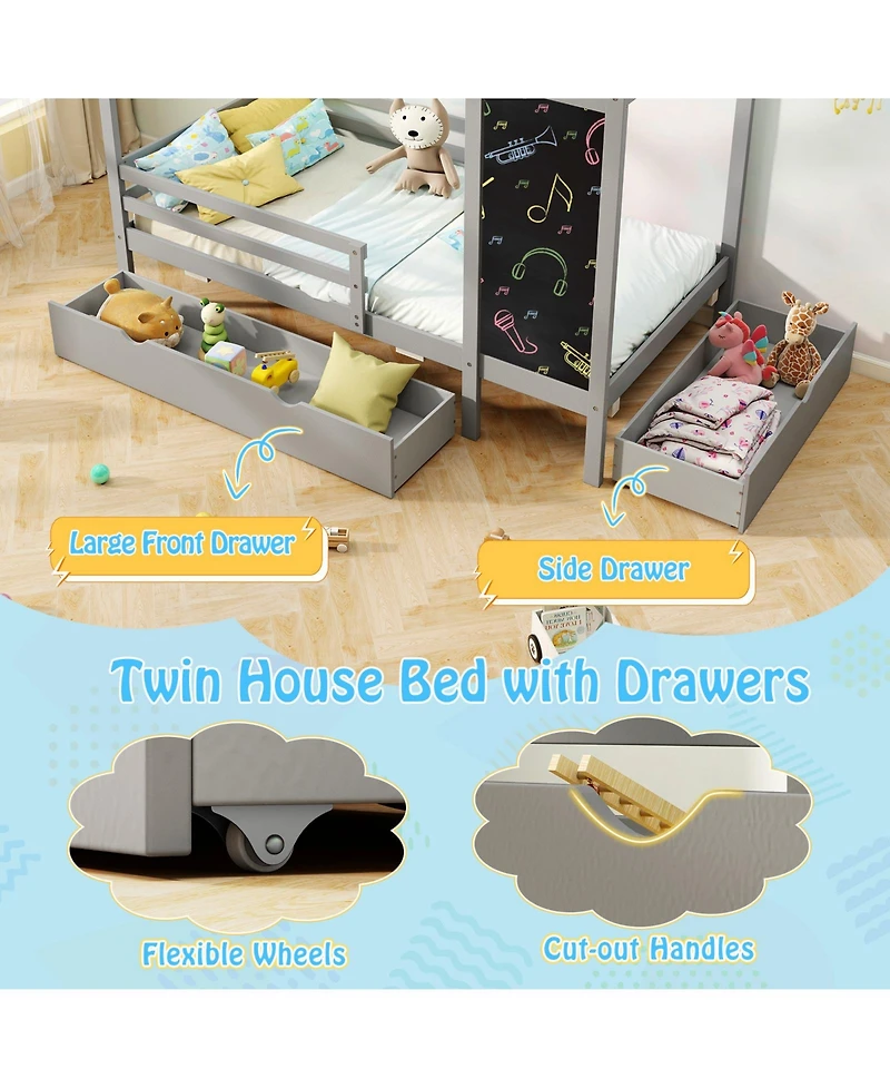 Sugift Kids Twin House Bed with 2 Drawers Solid Wood Bed with Blackboard