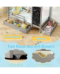 Sugift Kids Twin House Bed with 2 Drawers Solid Wood Bed with Blackboard