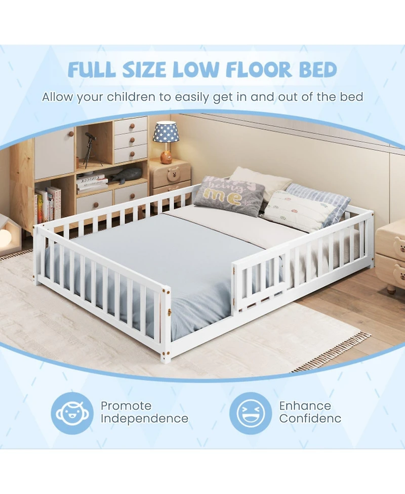 Sugift Full Size Montessori Bed Frame with Full-Length Guardrails Safety Door and Latch