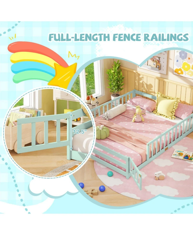 Sugift Queen Size Kids Montessori Floor Bed Frame with Full Length Safety Guardrails