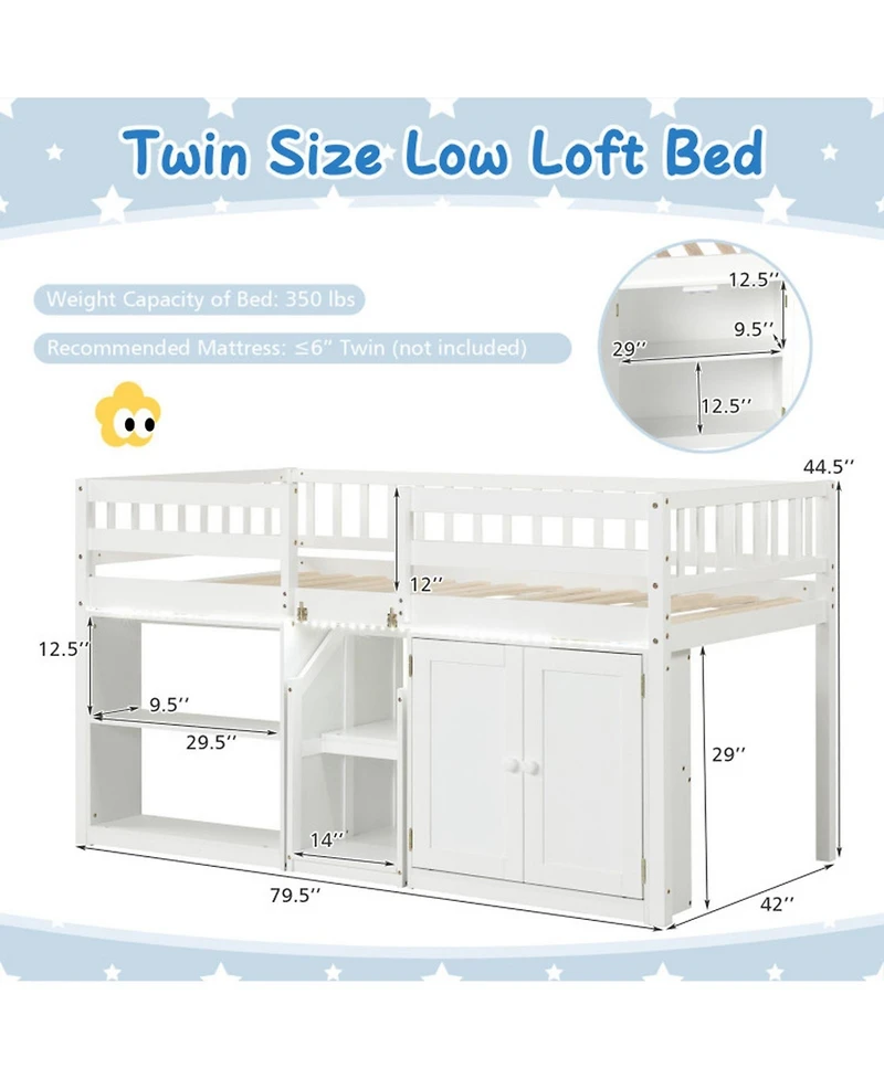 Sugift Twin Size Loft Bed with Led Lights and Wooden Bed Frame for Kids