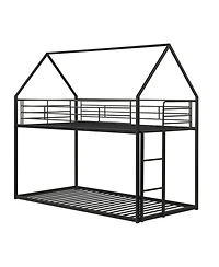 Sugift Twin Over Twin Metal Bunk Bed with Roof and Ladder