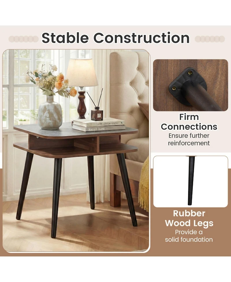 Sugift Square Faux Marble End Table with 4-Sided Open Shelves and Rubber Wood Legs