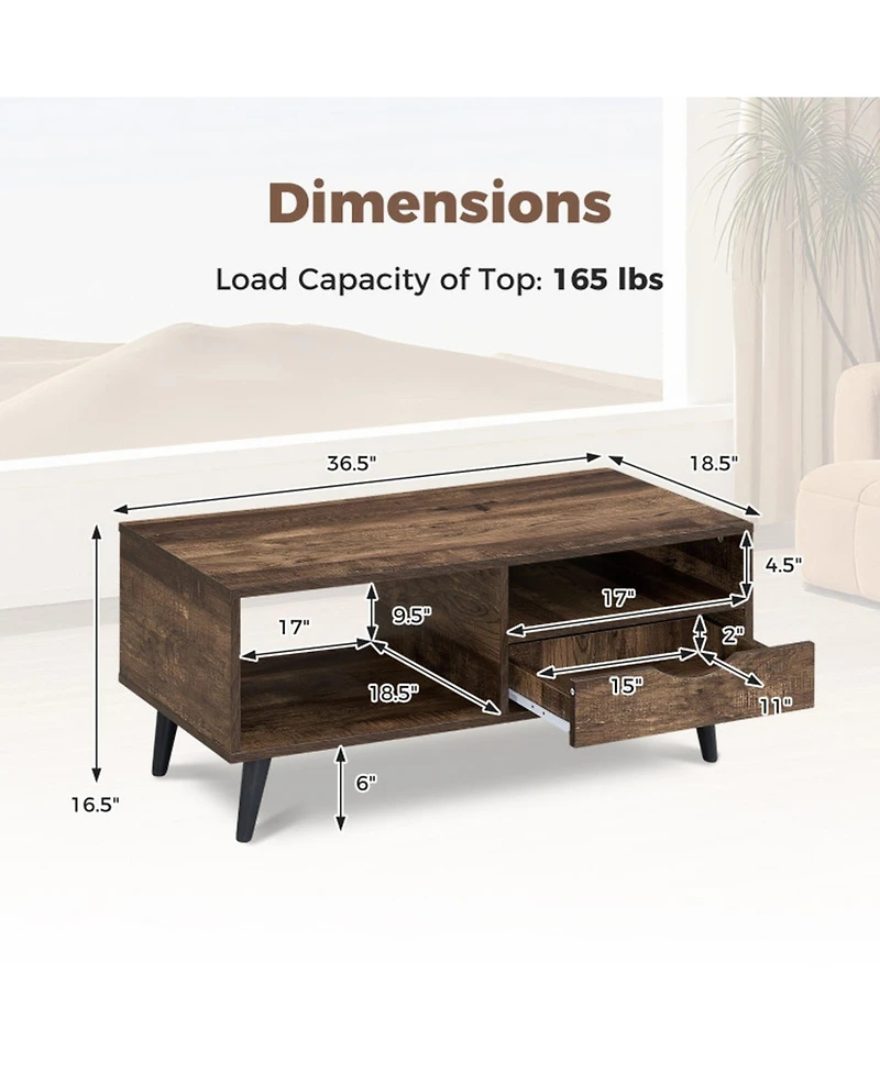 Sugift Rectangle Coffee Table with Storage Drawer and Open Shelves