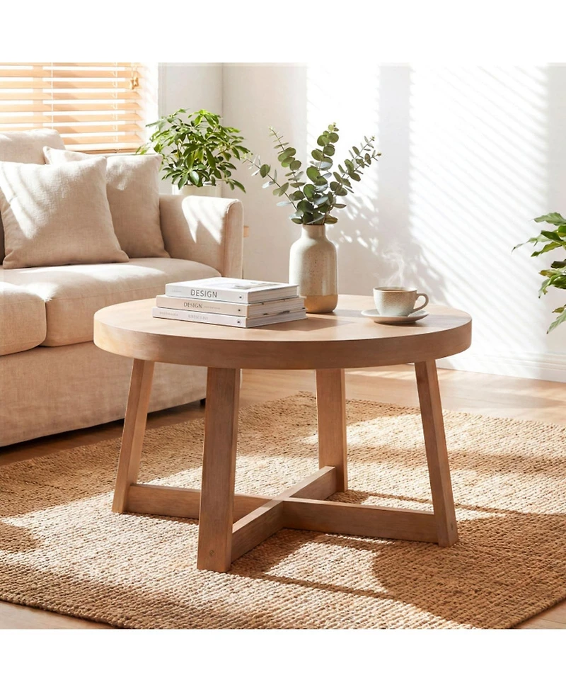 Gouun Round Farmhouse Accent Coffee Table with Reinforced X-Base