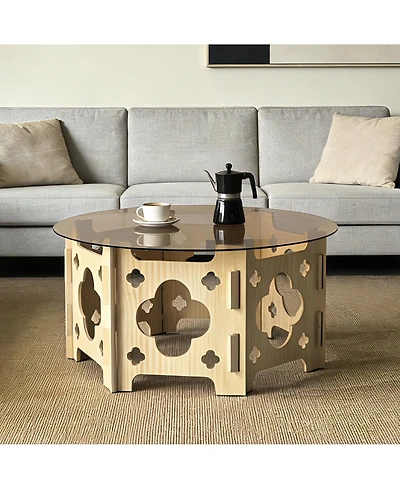Flynama 31.1" Round Tempered Glass Coffee Table, Floral Hollow Wood Base, Cat Nest Design