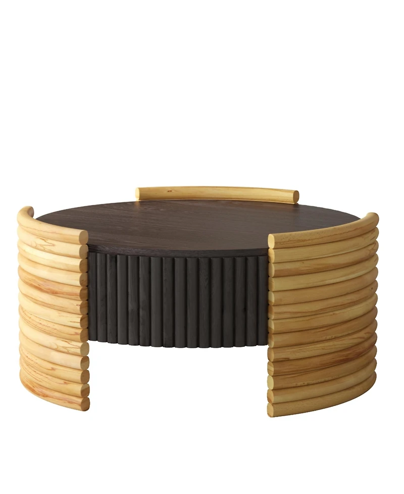 Flynama 31.5" Round Flip-Top Coffee Table, Colorblock Striped Mdf with Wood Veneer