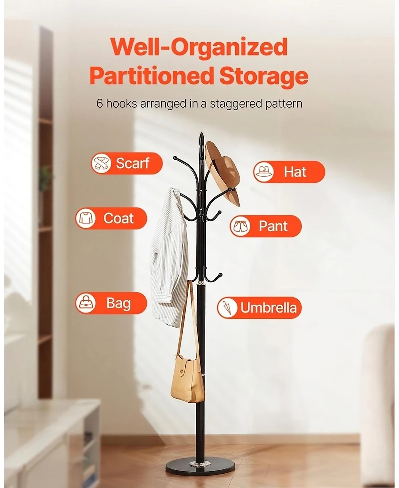 Sugift Freestanding Coat Rack with Marble Base 6 Hooks Carbon Steel Stand for Entryway Bedroom Office