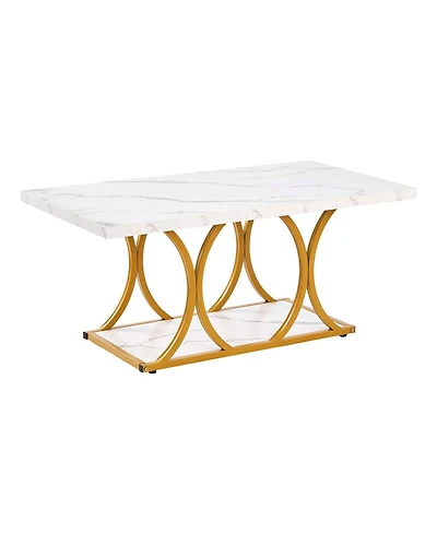 Slickblue Modern 2-Tier Coffee Table with Faux Marble Top, Geometric Metal Frame for Home