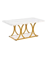 Slickblue Modern 2-Tier Coffee Table with Faux Marble Top, Geometric Metal Frame for Home