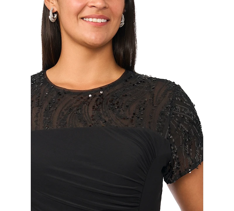 Msk Plus Beaded Mesh Side Ruched Short-Sleeve Gown