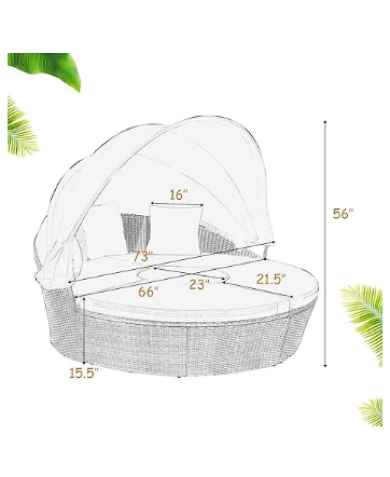 Gouun Patio Round Rattan Daybed Set with Retractable Canopy and Side Table