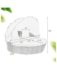 Gouun Patio Round Rattan Daybed Set with Retractable Canopy and Side Table