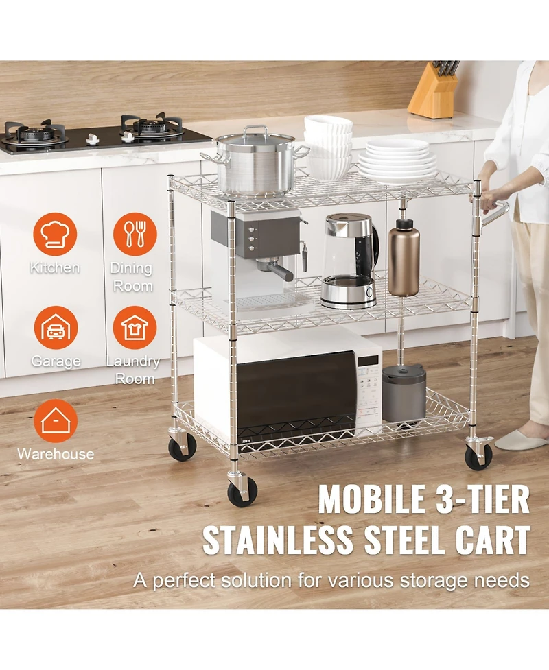 Sugift 3-Tier Steel Utility Cart on Wheels with 661LBS Capacity 80mm Deep Basket Curved Handle 6 Hooks