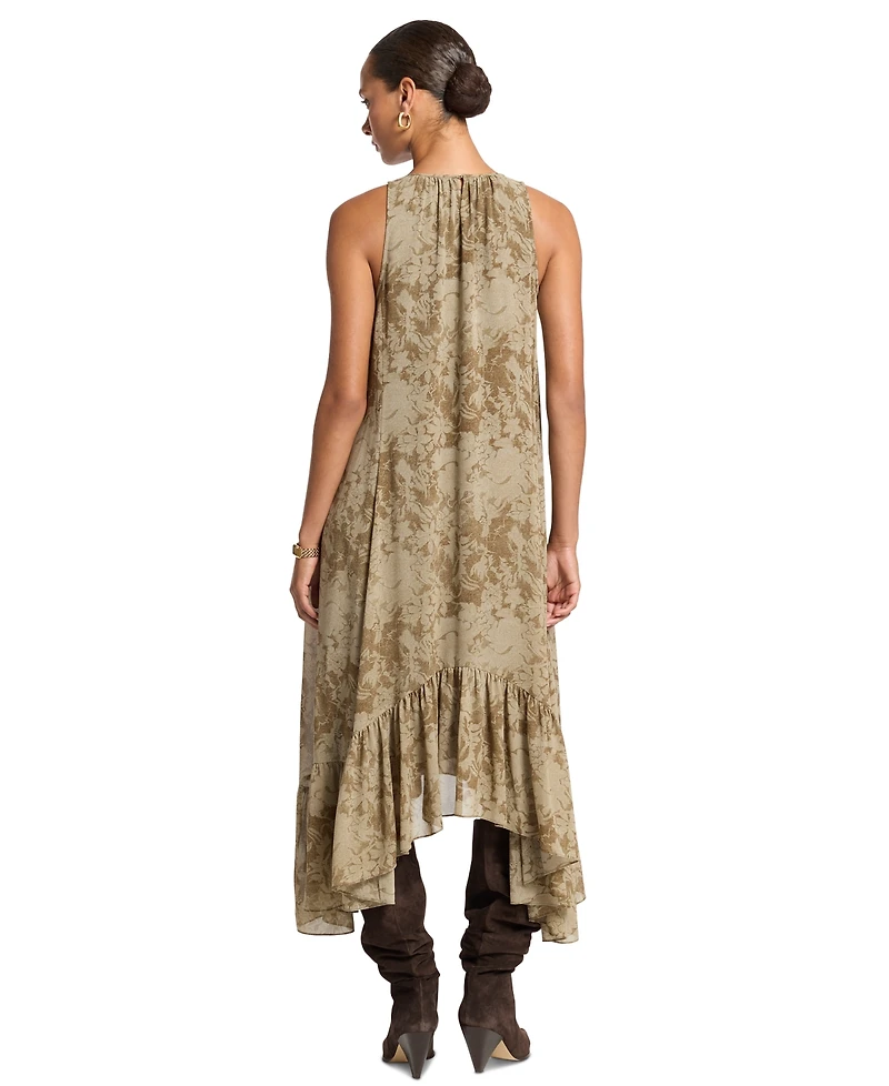 Michael Kors Women's High-Low Floral-Print Ruffled Hem Midi Dress