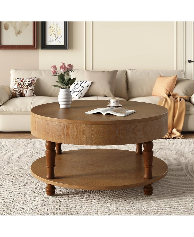 Flynama 31.5" Round Flip-Top Coffee Table with Dual Storage