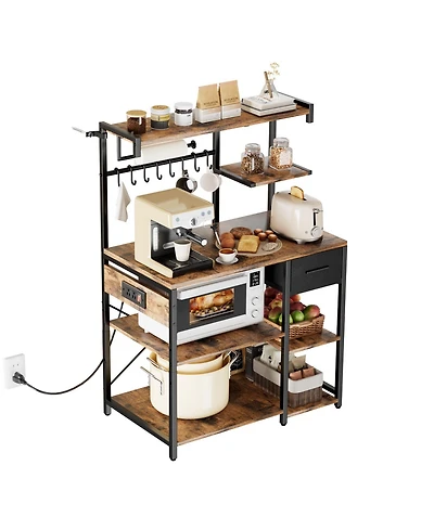 Sugift Kitchen Bakers Rack with Power Outlet 4.6ft Power Cable X-Shaped Support Bar 8 S-Shaped Hooks