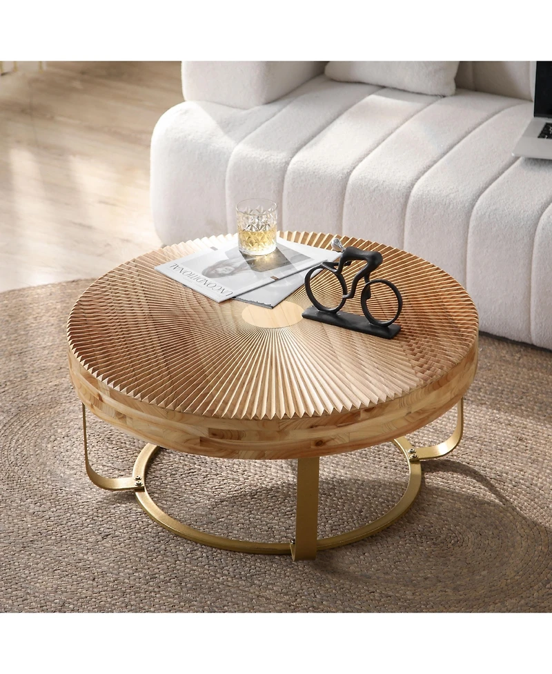 Flynama Round Wood Coffee Table Metal Legs Carved Pine Accent Living Room Table