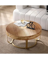 Flynama Round Wood Coffee Table Metal Legs Carved Pine Accent Living Room Table
