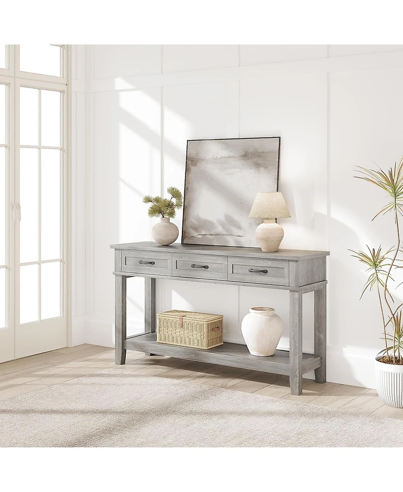 homfan 54" Farmhouse Console Table with 3 Drawers and Open Shelf, Wood Finish Entryway Table