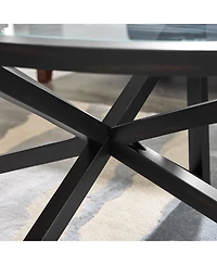 Flynama 46.5 Inch Round Tempered Glass Coffee Table, Solid Wood Base Anti-Scratch Accent Table for Living Room and Terrace