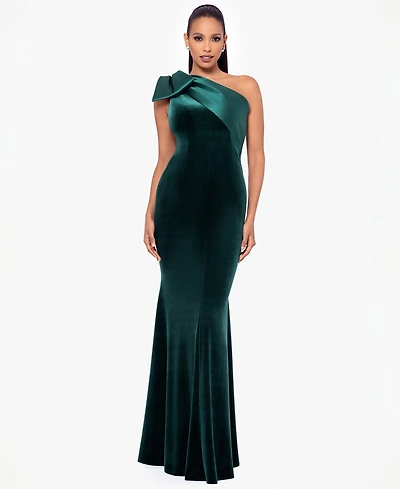 Betsy & Adam Women's One-Shoulder Velvet Gown with Bow at Shoulder