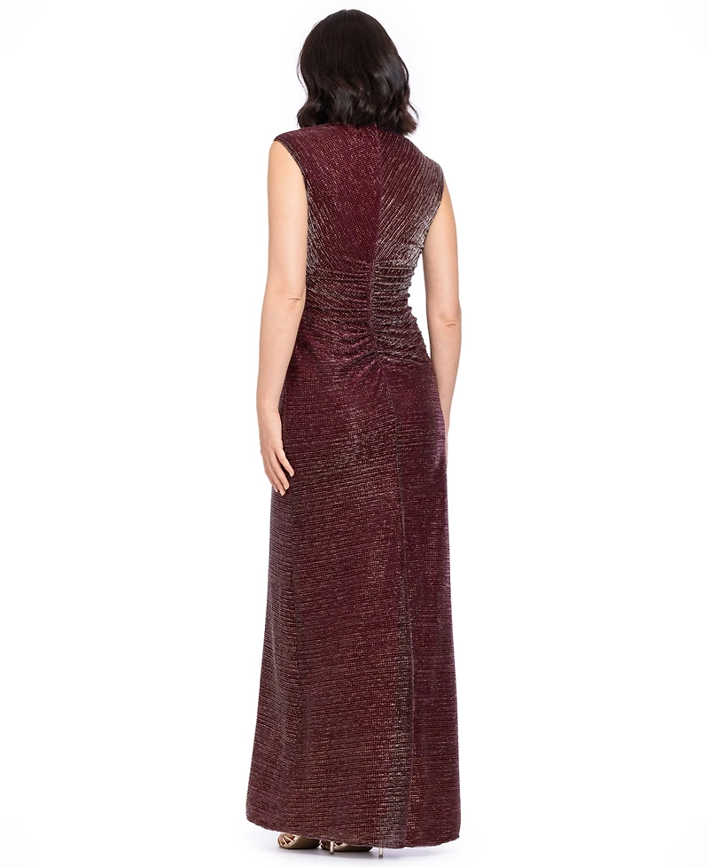 Betsy & Adam Women's Cory Metallic Ruched Mock Neck Gown