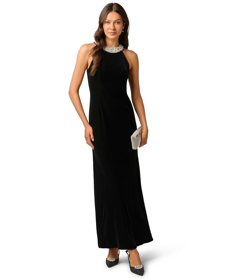 Adrianna Papell Women's Pearly Collar Velvet Halter Gown