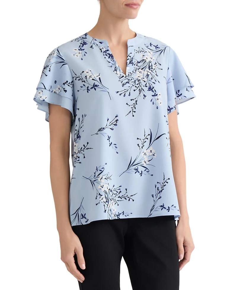 Jones New York Petite Floral-Print Short-Sleeve Blouse