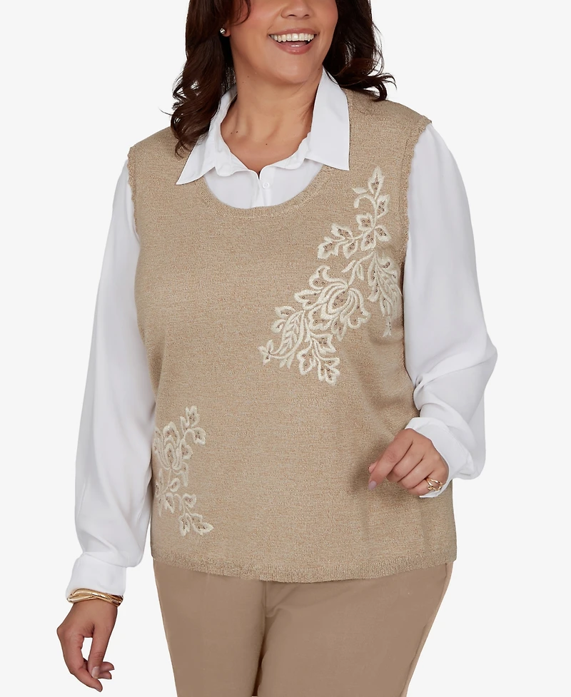 Alfred Dunner Plus Union Square Two-in-one Embroidered Sweater