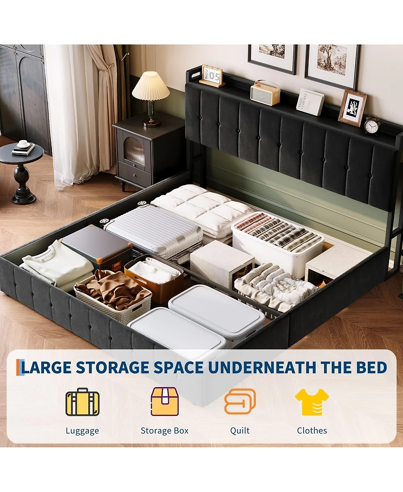 Gaomon King Bed Frame with Lift Up Storage, Bed with Storage Headboard and Charging Station, Metal Platform Bed .