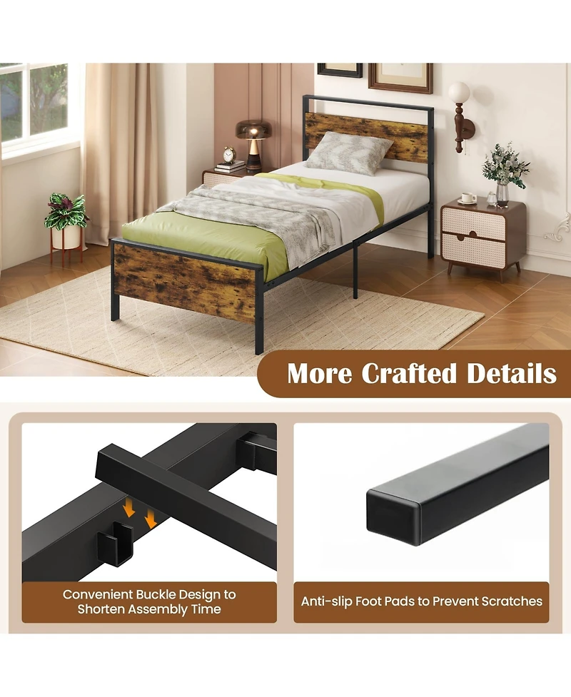 Slickblue Metal Platform Bed Frame with Wooden Headboard
