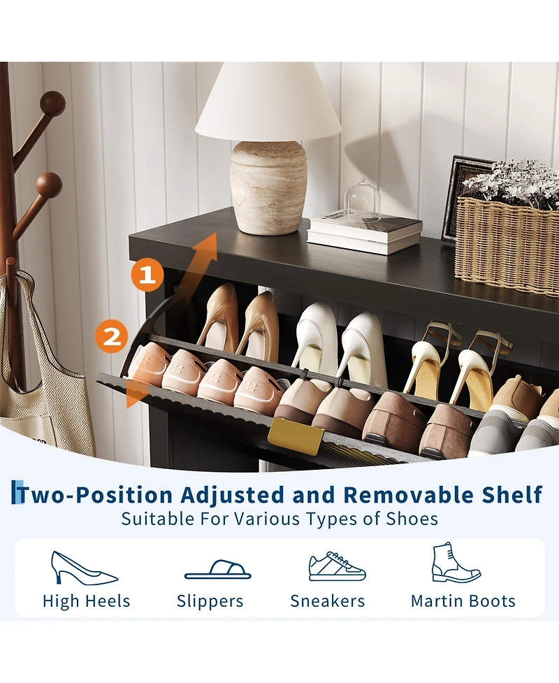 Striped freestanding entryway shoe cabinet with double-layer flip drawers, adjustable shelves and dust-proof back panel