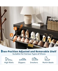 Striped freestanding entryway shoe cabinet with double-layer flip drawers, adjustable shelves and dust-proof back panel