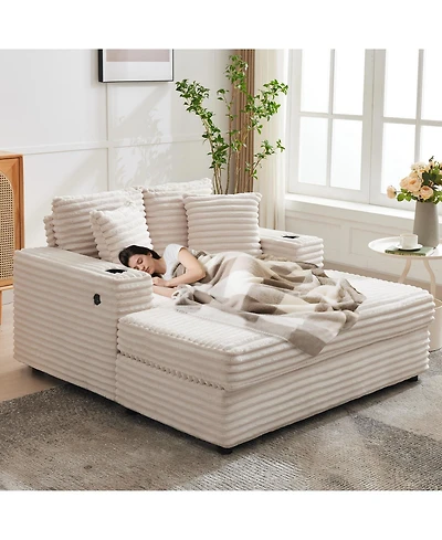 60" Oversized Corduroy Chaise Lounge Indoor, Sleeper Sofa with Charging Station, Cup Holders and Pillows for Living Room Apartment