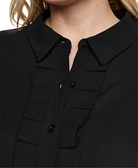 Karl Lagerfeld Paris Plus Long-Sleeve Collared Pleated Blouse