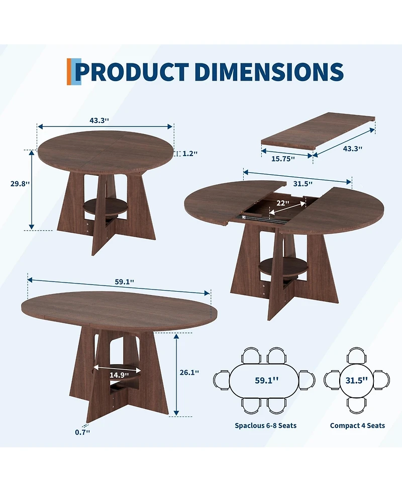 43.3"-59" Convertible Dining Table, Extendable Round to Oval Table Seating 4-8, Pedestal Base with Open Storage Shelf, Compact Furniture for Kitchen