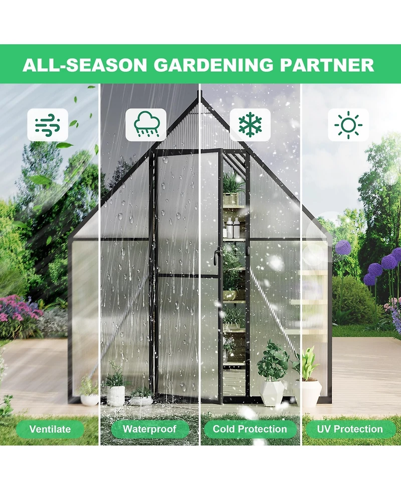 6x9ft Greenhouse with Aluminum Frame, Walk-in Sun Room Pc Board Panels for Backyard Patio Garden Year-Round Planting, Silver/Green/Black