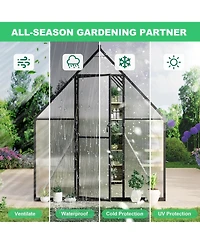 6x9ft Greenhouse with Aluminum Frame, Walk-in Sun Room Pc Board Panels for Backyard Patio Garden Year-Round Planting, Silver/Green/Black