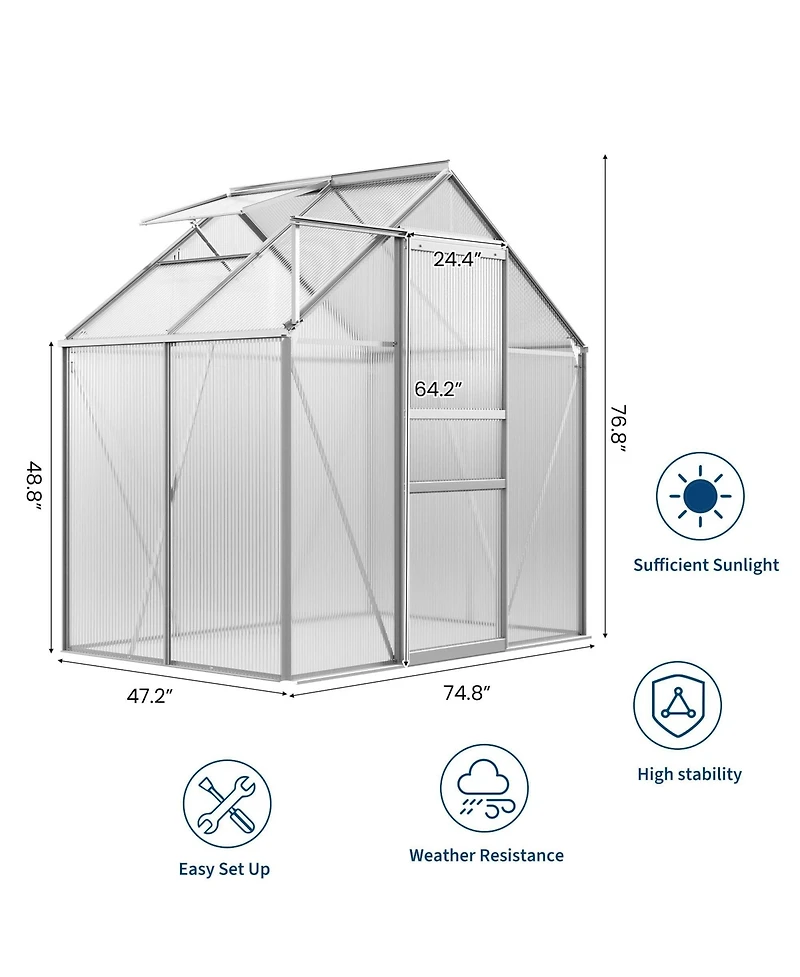 6x4 Ft Two-Bay Walk-In Aluminum Greenhouse, Sturdy Frame for Patio Backyard Garden All-Season Plant Growing and Winter Protection,