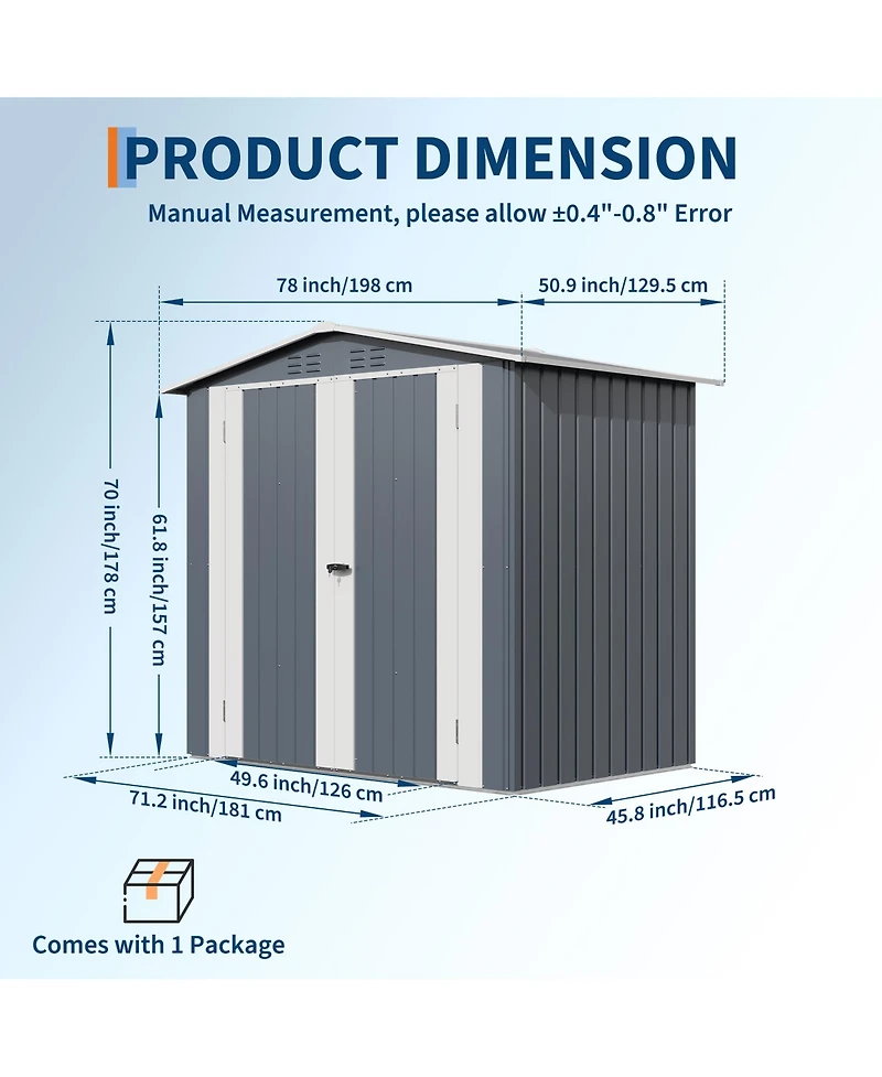 6' x 4' Metal Tool Shed with Gable Roof and Double Doors, Outdoor Storage Shed for Garden Patio Backyard, Gray