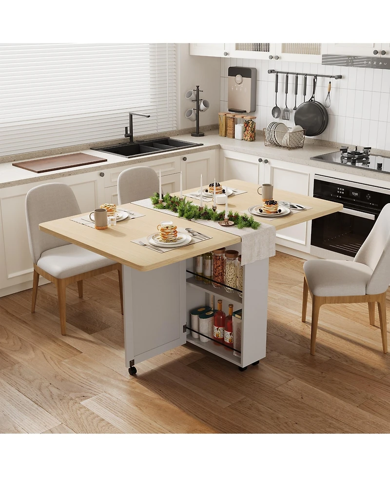 Folding Dining Table with Wheels, Drop Leaf Table with Drawer, Storage Shelves, Space Saving Design for Kitchen, Dining Room, Apartment
