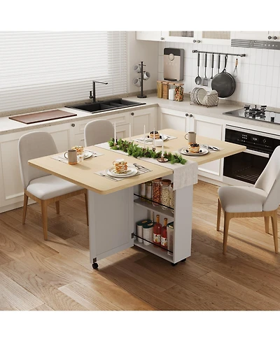 Folding Dining Table with Wheels, Drop Leaf Table with Drawer, Storage Shelves, Space Saving Design for Kitchen, Dining Room, Apartment